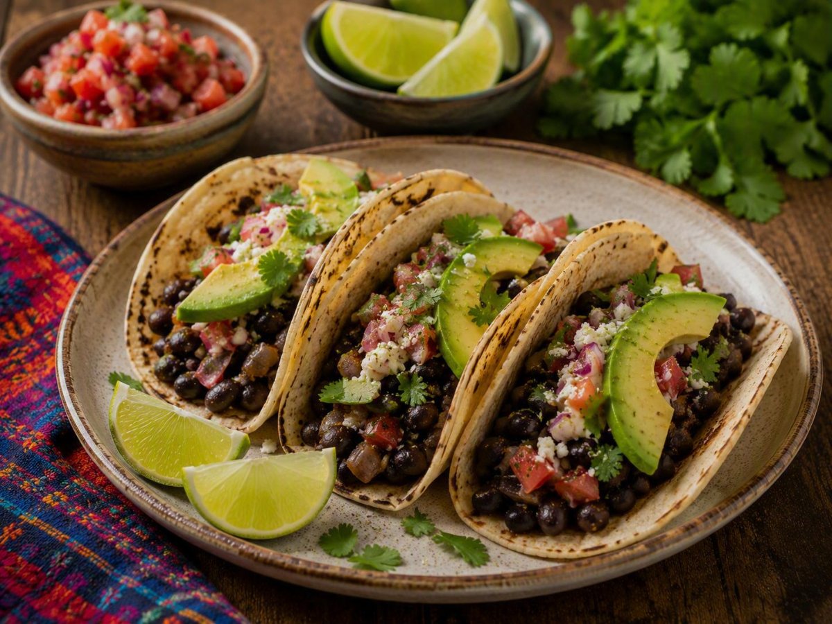 Mexicaanse zwarte bonentacos met avocado en limoen