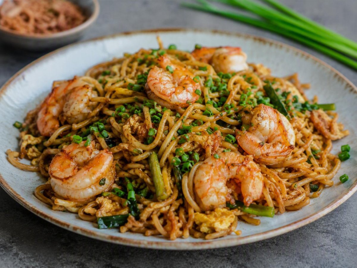 Mie goreng met garnalen en bieslook