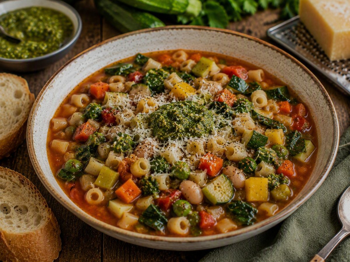 Minestrone met seizoensgroenten en pesto