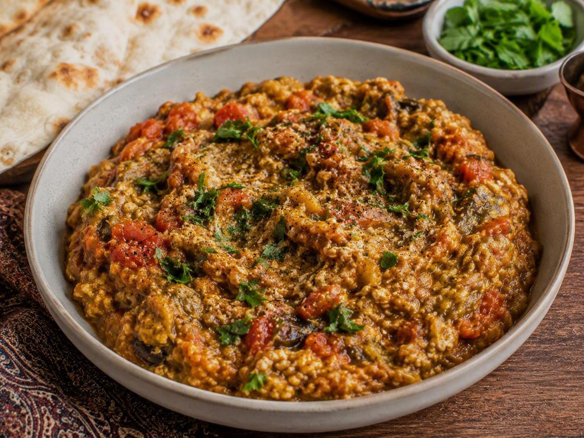 Mirza ghasemi — geroosterde aubergine met ei en tomaat