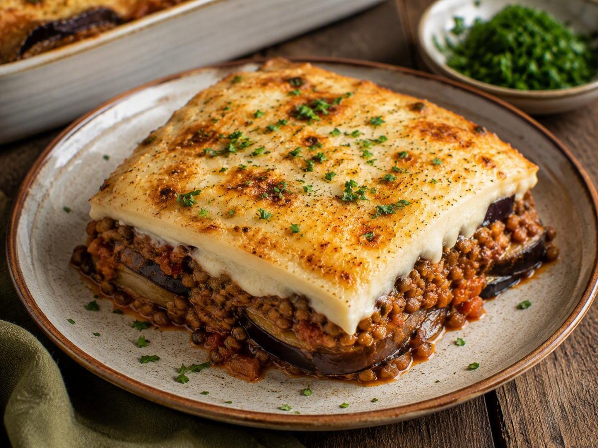 Moussaka met linzen en bechamelsaus