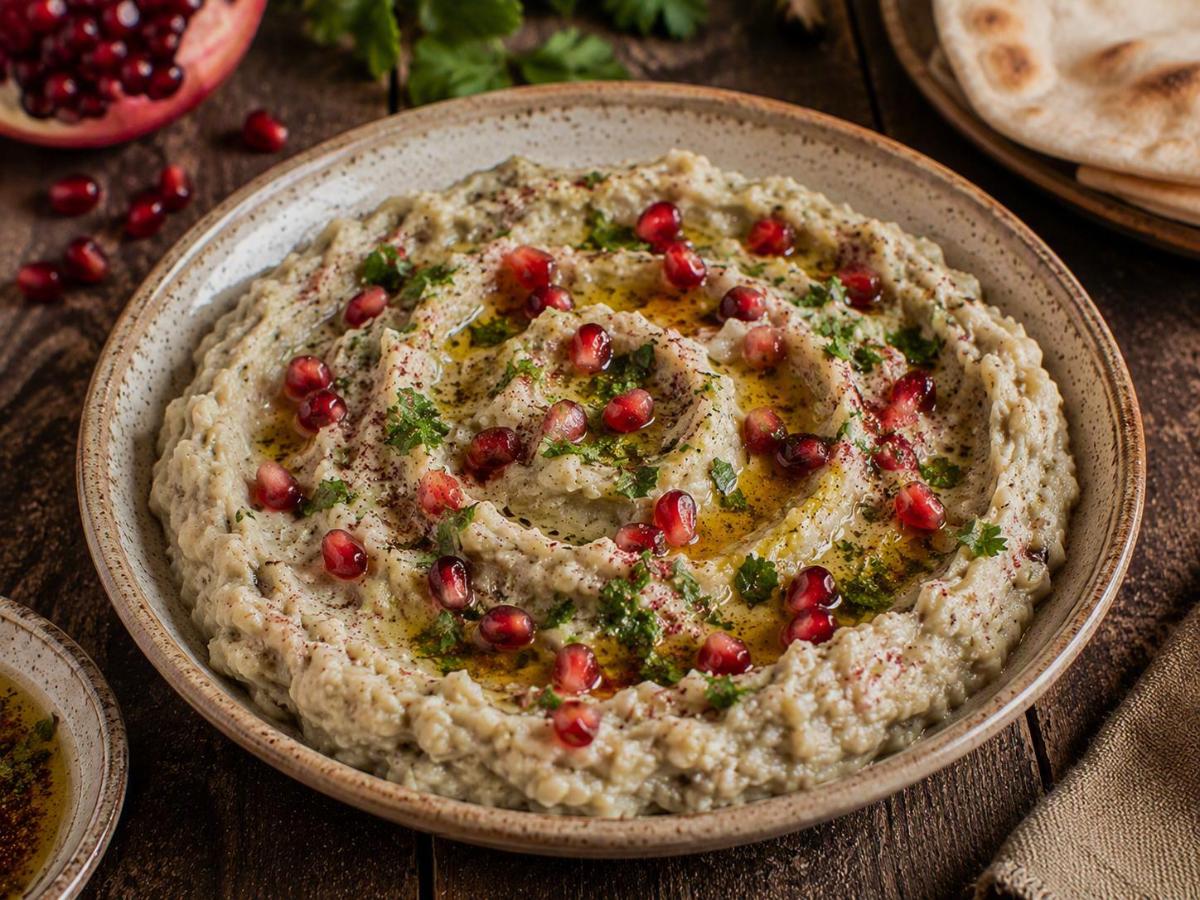 Moutabal met geroosterde aubergine en granaatappel