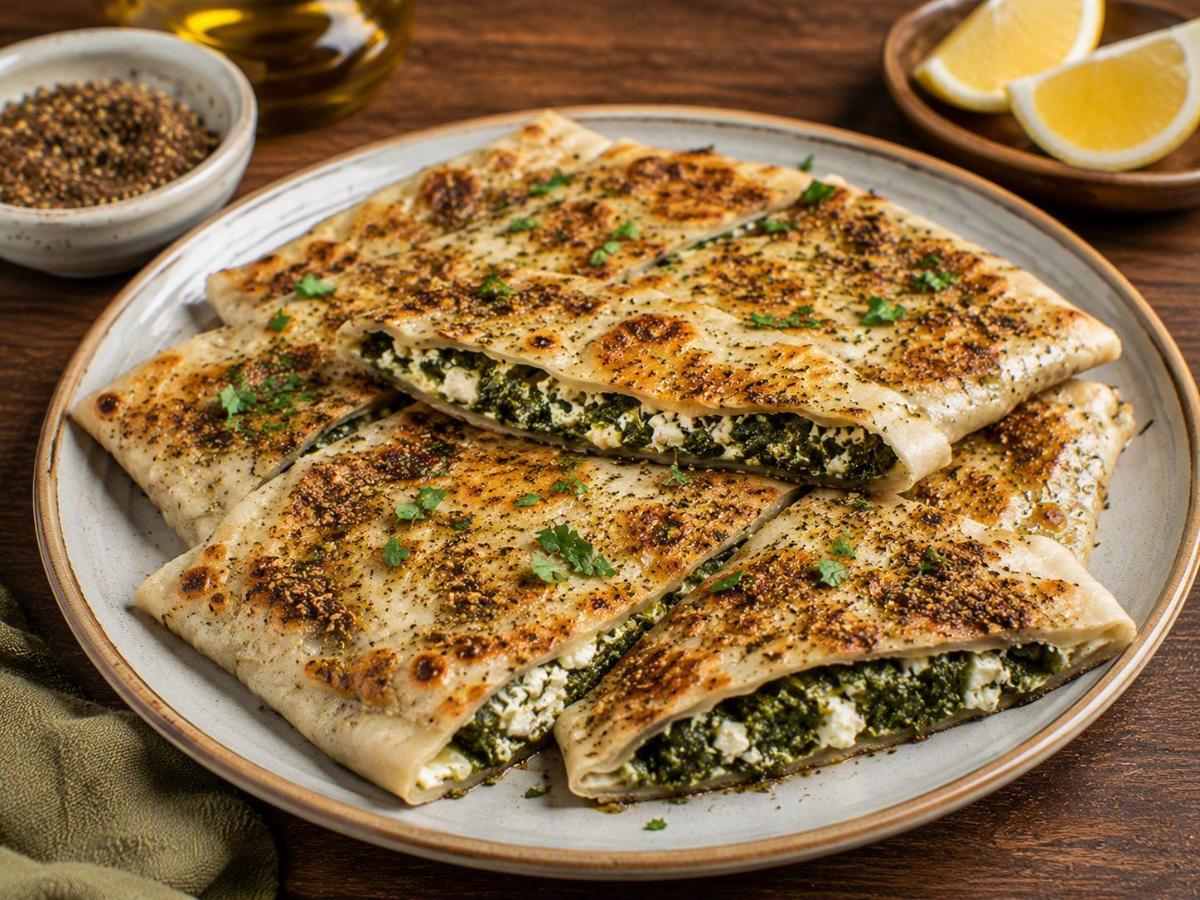Mutabbaq met spinazie, feta en za'atar