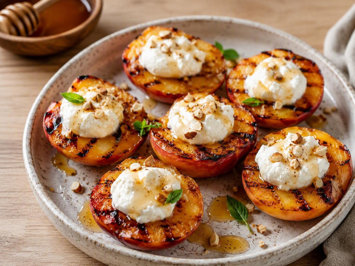 Nectarines van de barbecue met honing en mascarpone
