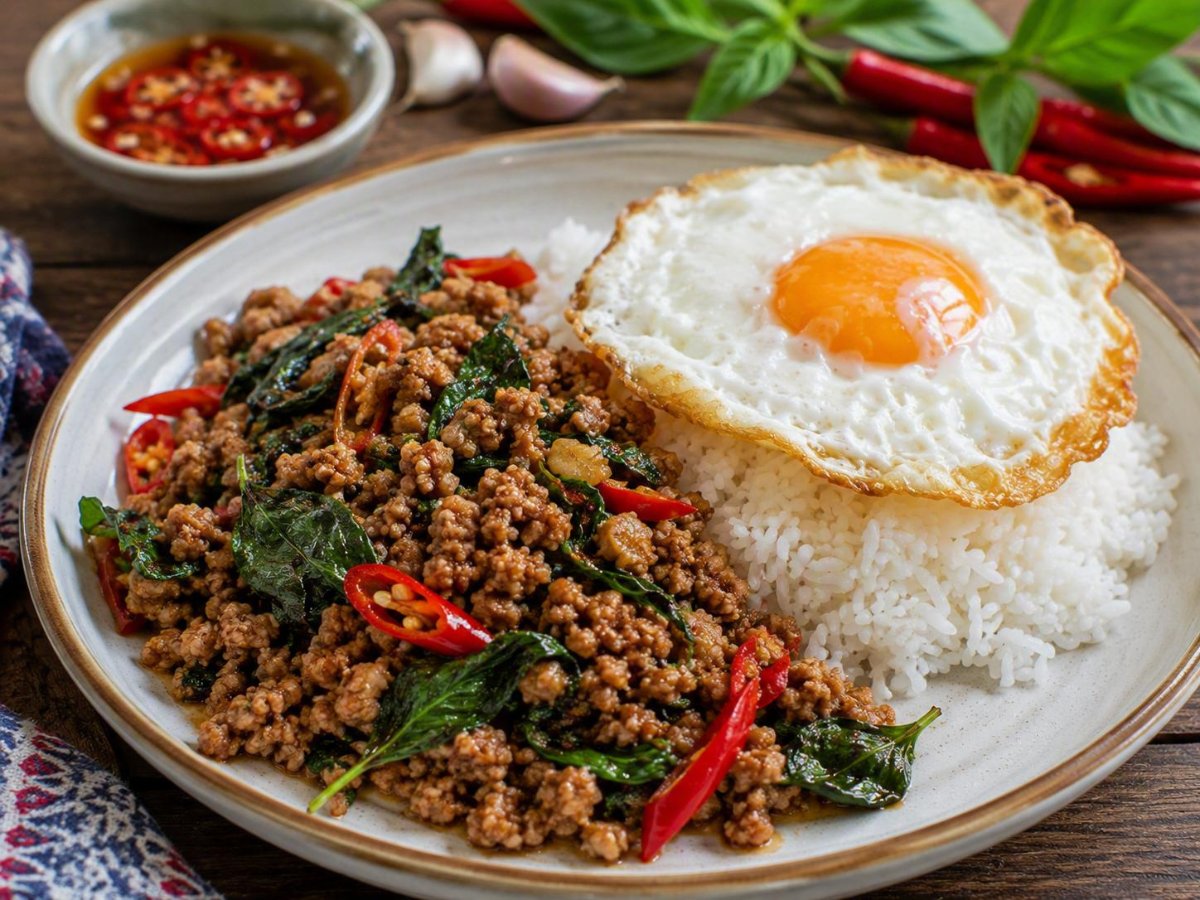 Pad krapow — Thais gehakt met basilicum en gebakken ei