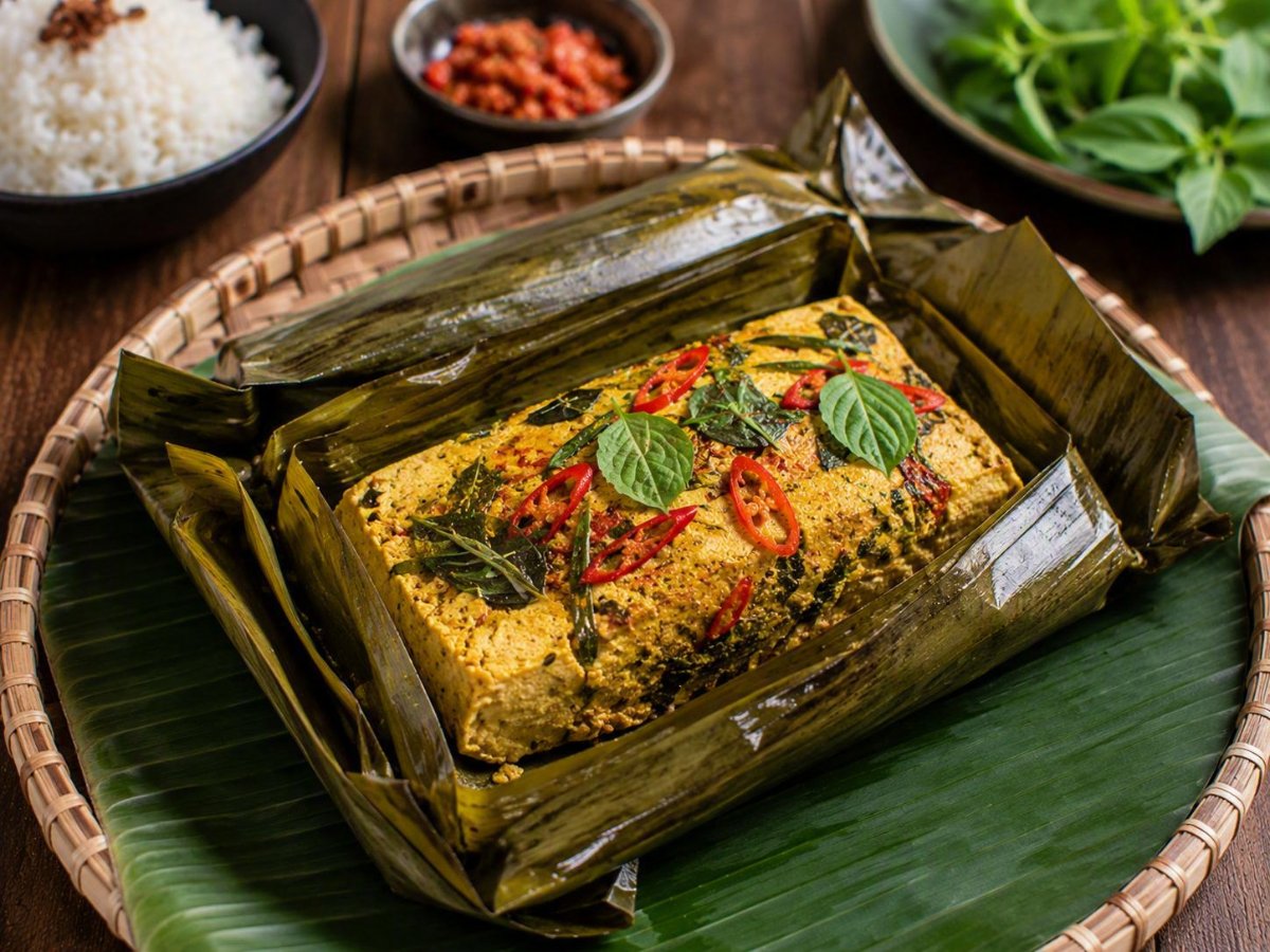 Pepes tahu — gestoomde tofu in bananenblad