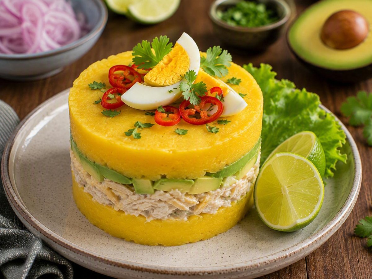 Peruaanse causa limeña met avocado en limoen