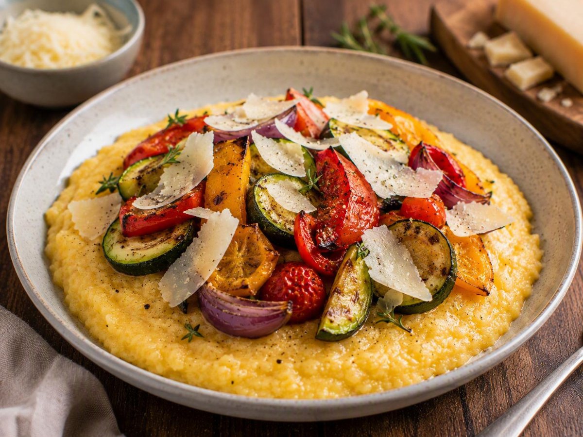 Polenta met geroosterde groenten en Parmezaan