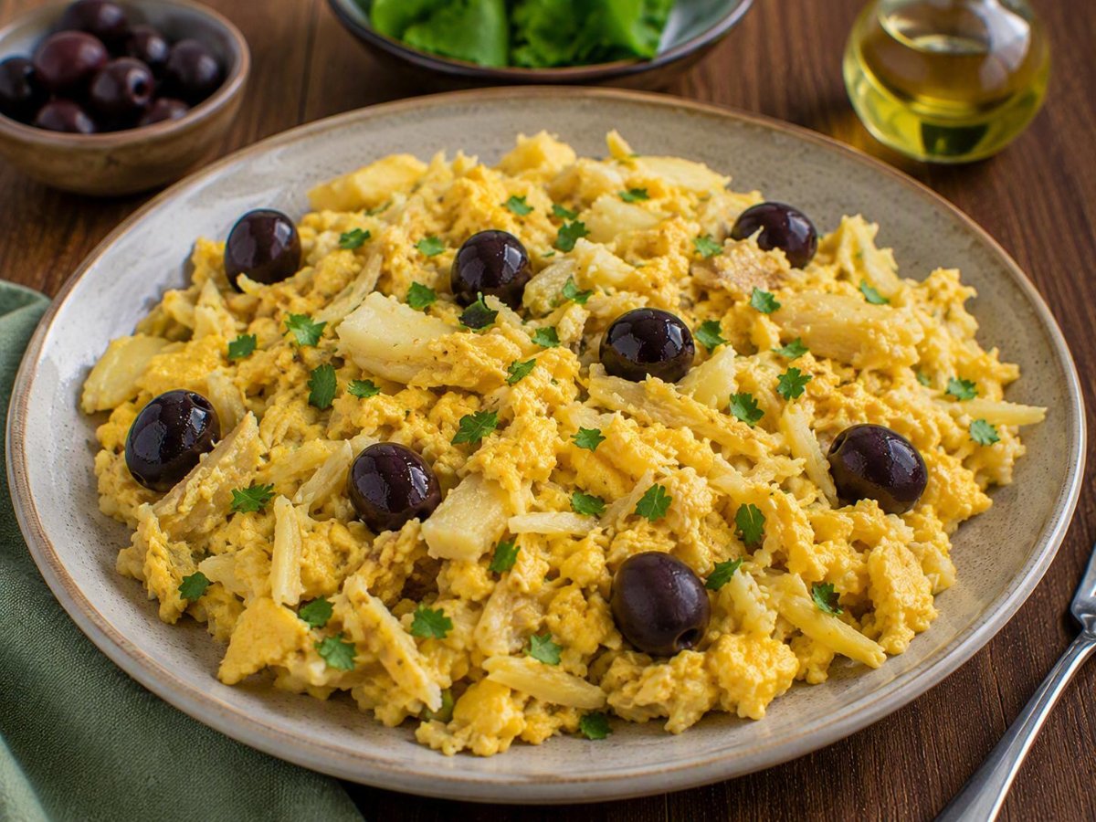 Portugese bacalhau à brás met ei en olijven