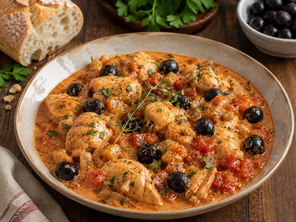 Provençaalse kippenragout met tomaat en zwarte olijven