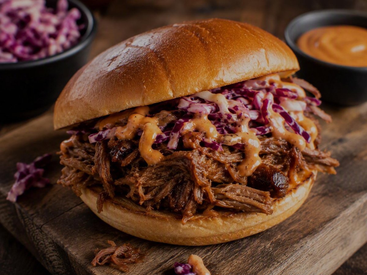Pulled beef sandwich met rode koolsla en sriracha mayo