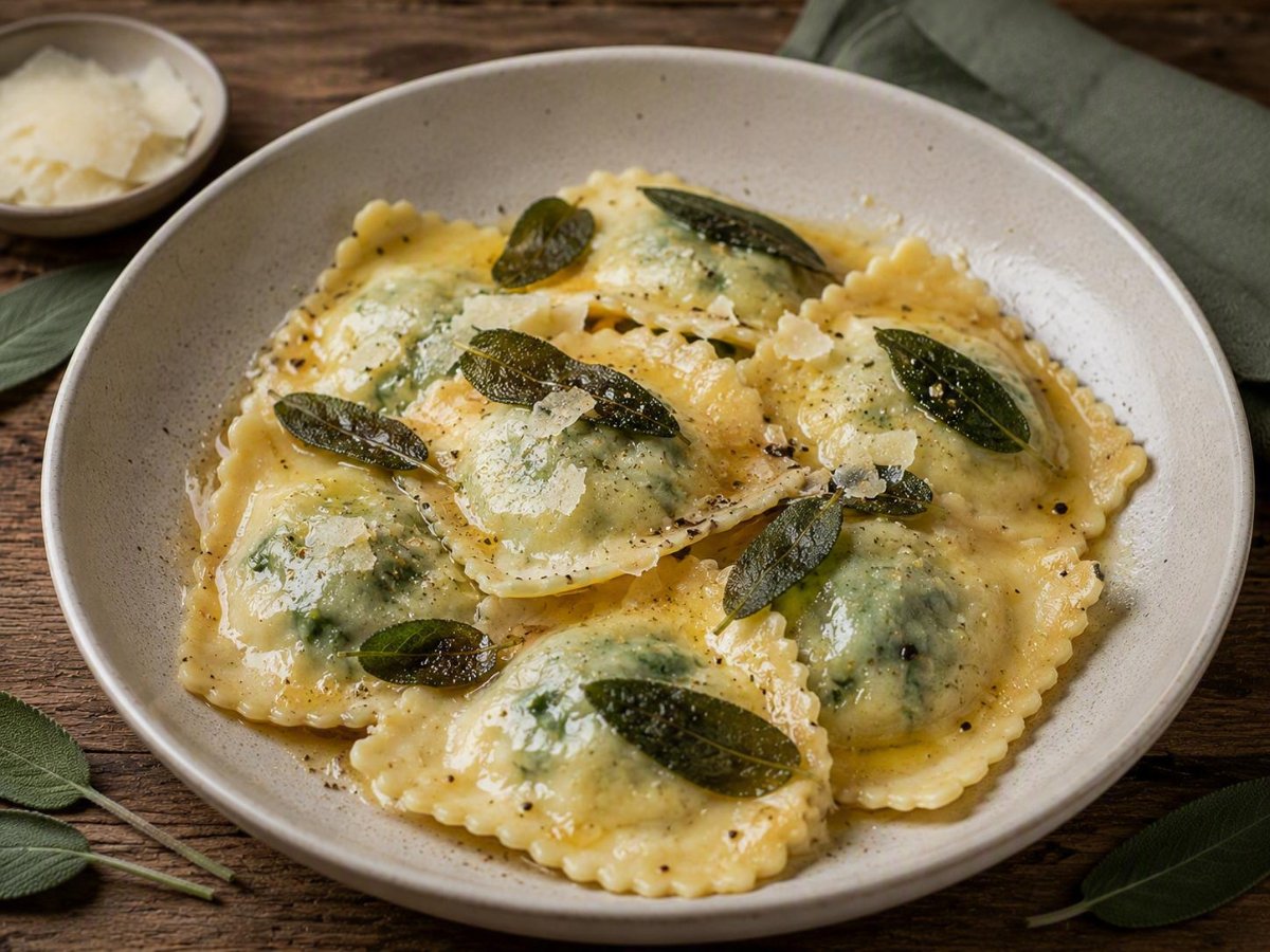 Ravioli met ricotta, spinazie en salie-botersaus