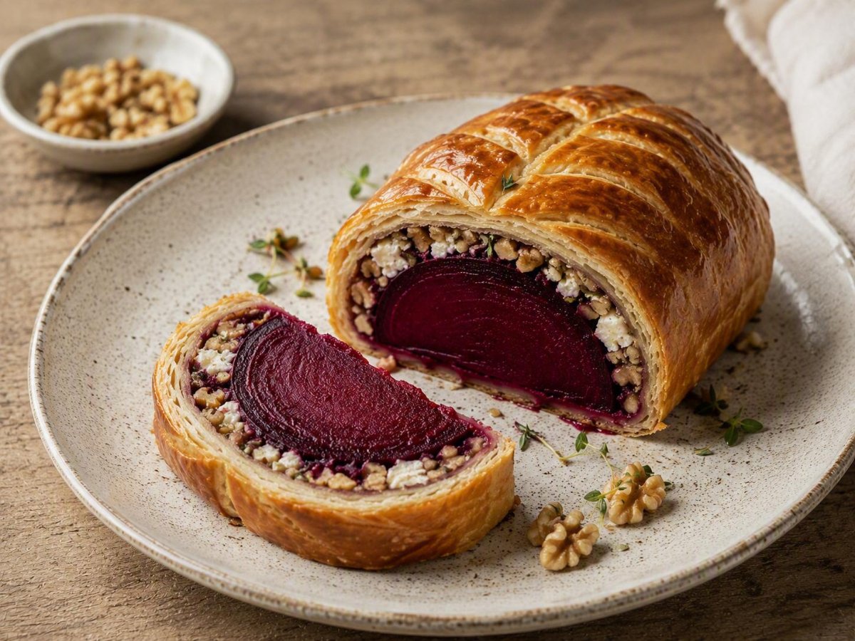 Rode biet Wellington met walnoten en geitenkaas