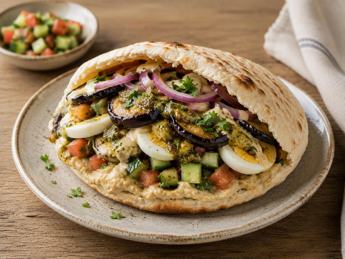 Sabich met aubergine, ei en amba