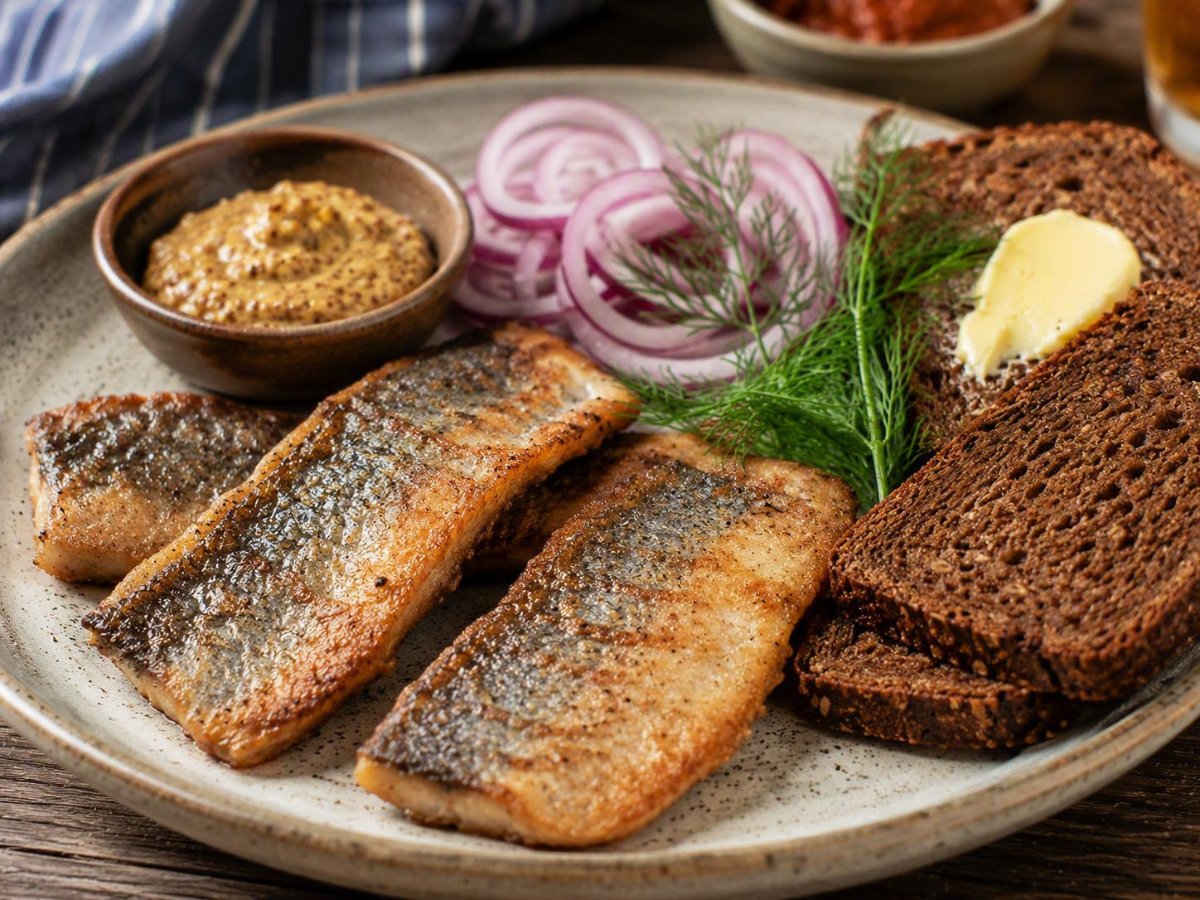 Scandinavische gebakken haring met mosterd en roggebrood