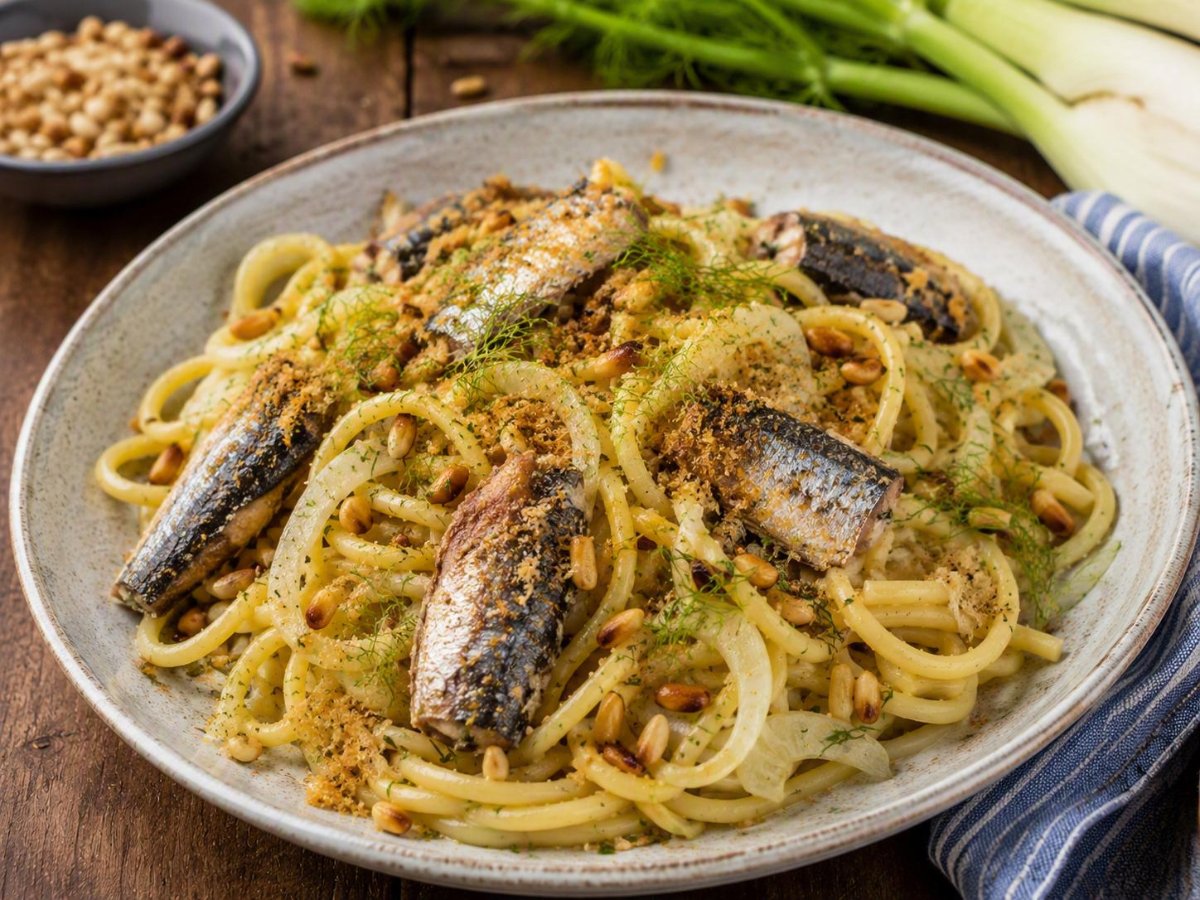 Siciliaanse pasta con le sarde met venkel en pijnboompitten