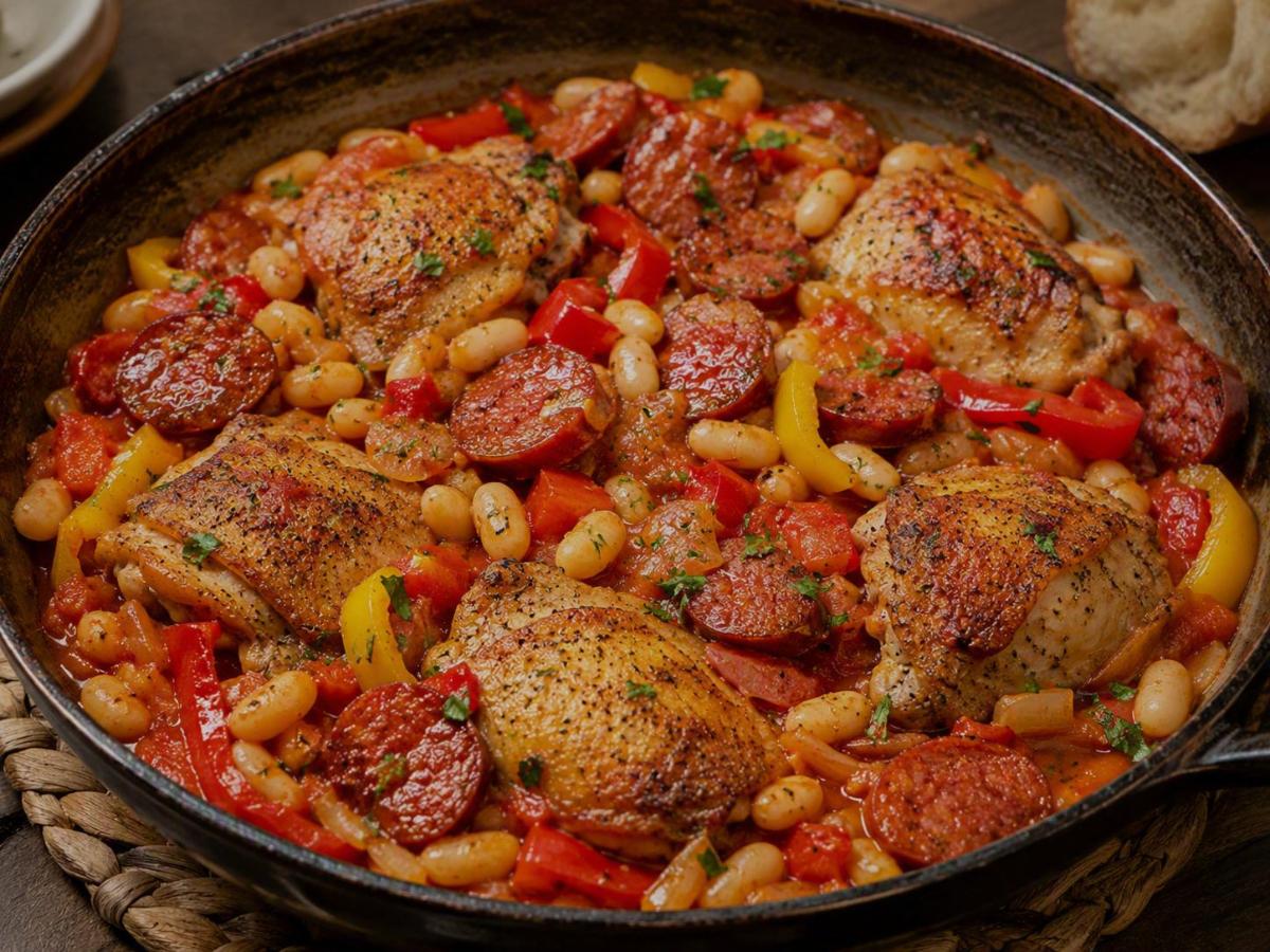 Spaanse kip met chorizo, paprika en witte bonen