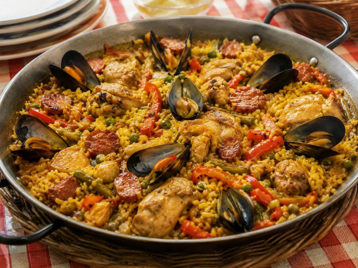 Spaanse paella mixta met kip, chorizo en mosselen