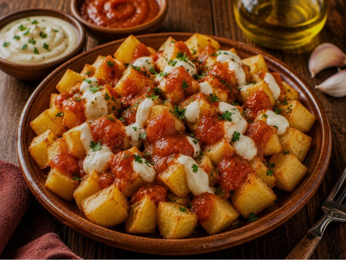 Spaanse patatas bravas met salsa brava en aioli