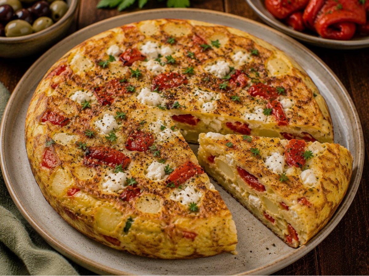 Spaanse tortilla met geitenkaas en geroosterde paprika