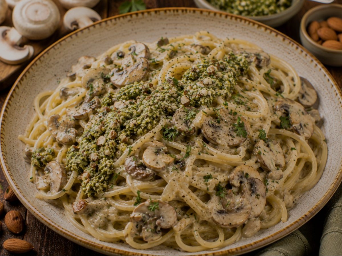 Spaghetti champignon roomsaus met amandelpesto