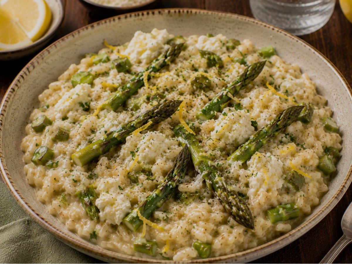 Spelt-risotto met asperges en citroenricotta