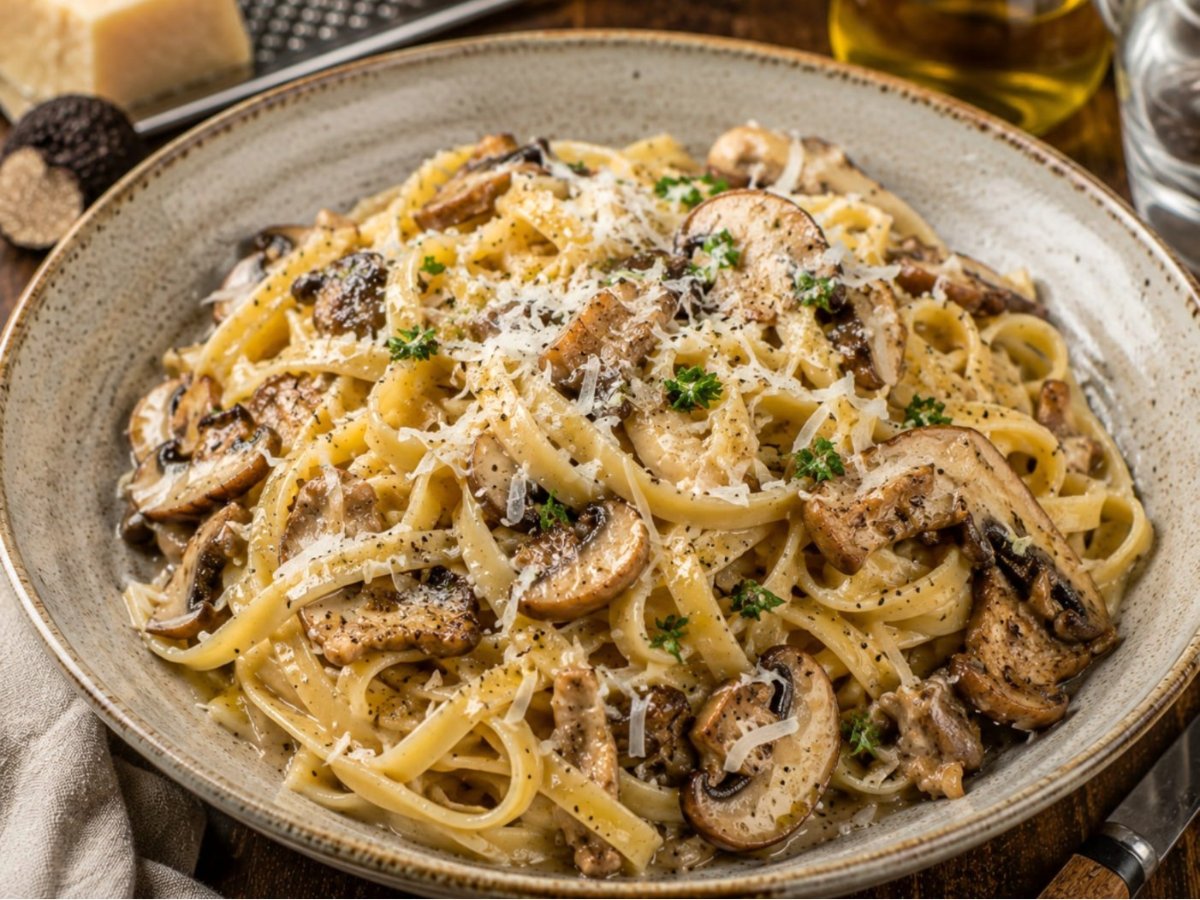 Tagliatelle met truffelolie, paddenstoelen en Parmezaan