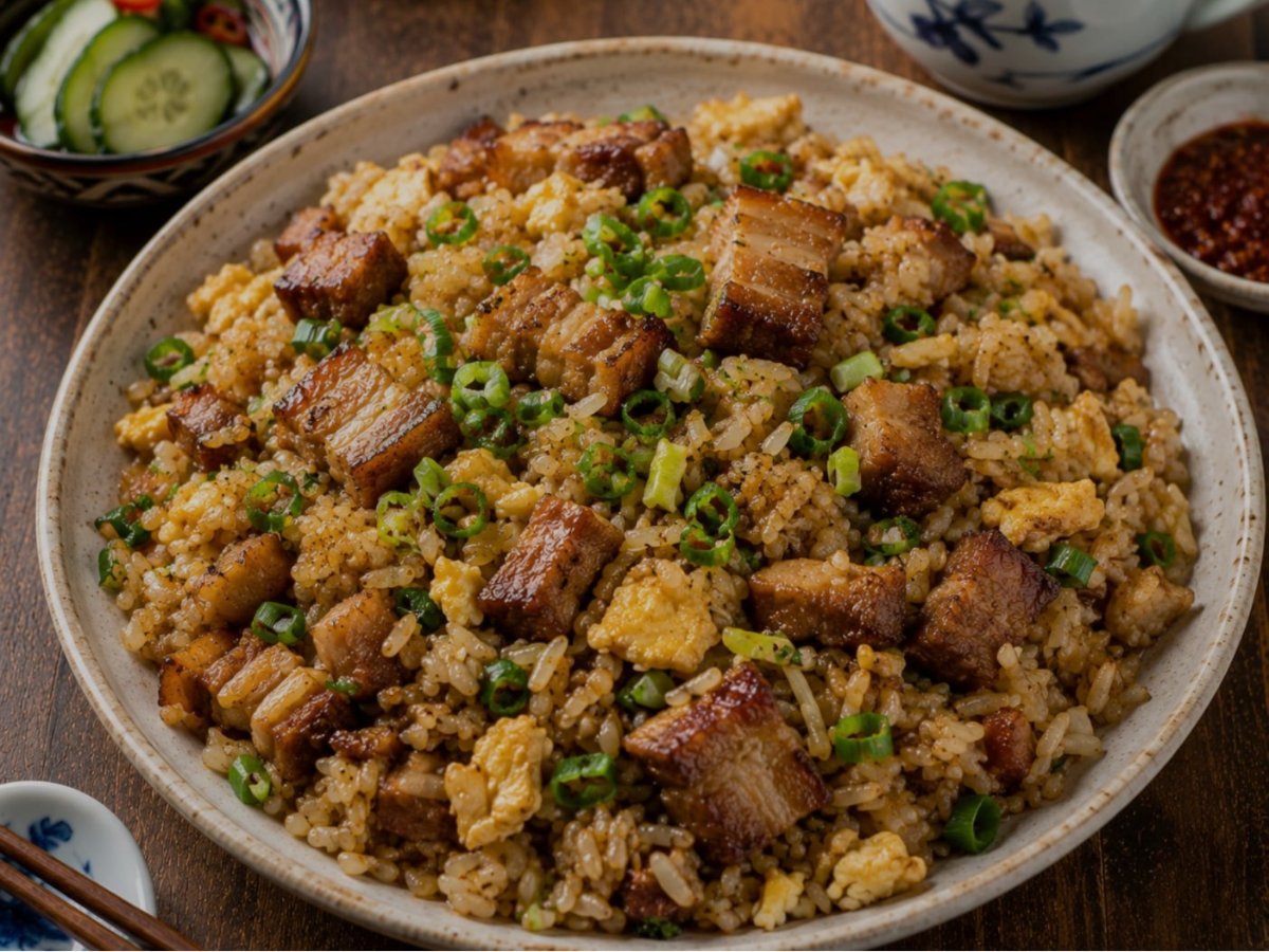 Taiwanese gebakken rijst met buikspek en ei