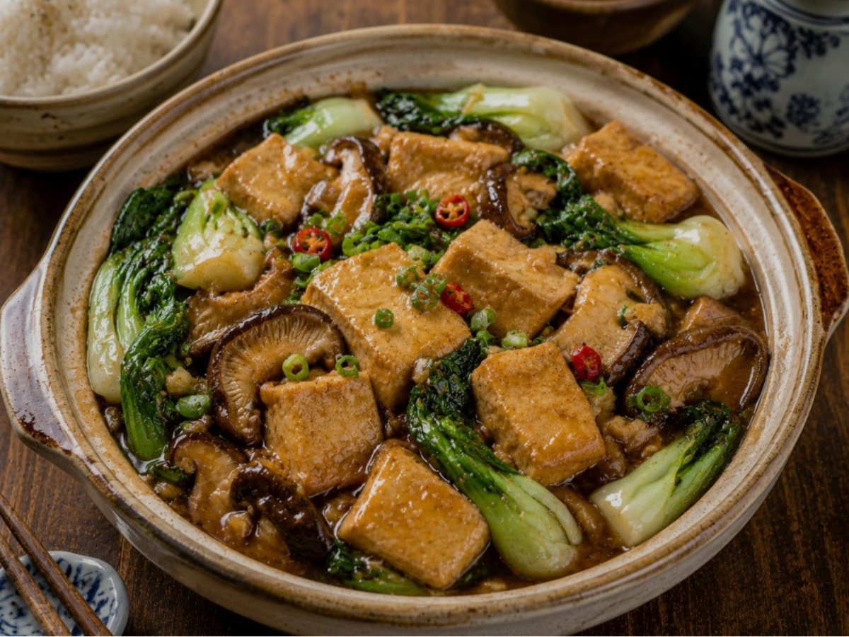 Taiwanese gestoofde tofu met shiitake en paksoi