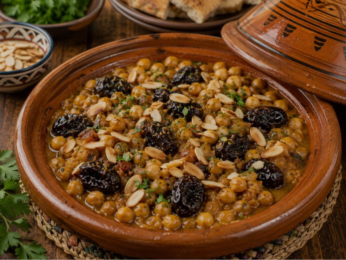 Tajine van kikkererwten met pruimen en amandelen