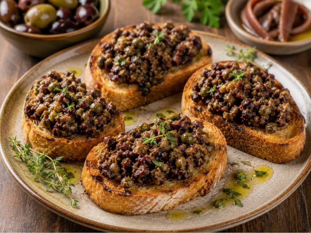 Tapenade met olijven en ansjovis op toast