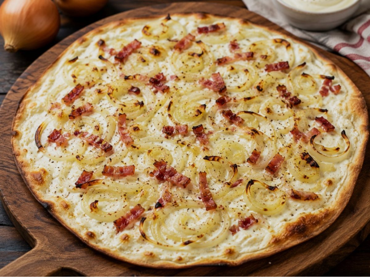Tarte flambée (Flammkuchen) met crème fraîche en uien