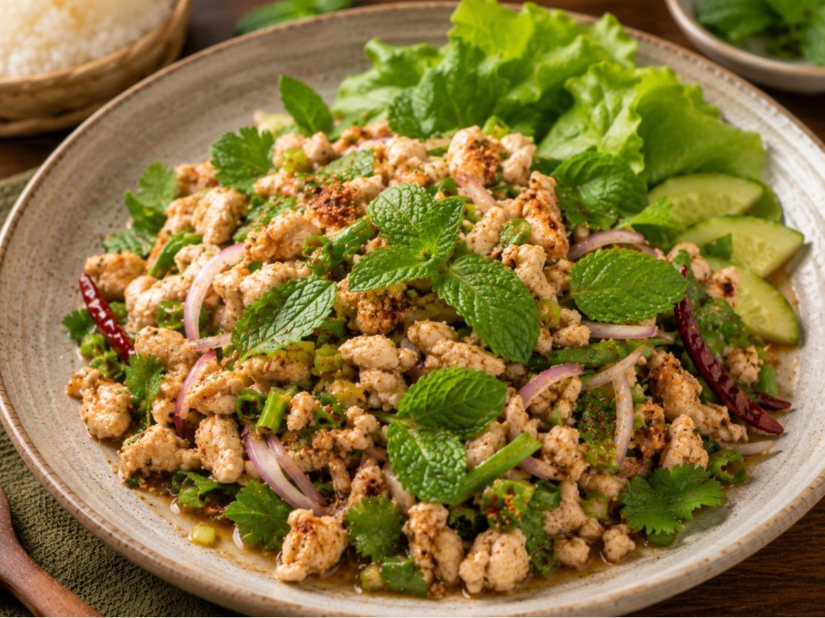 Thaise larb gai pittige kipsalade met munt