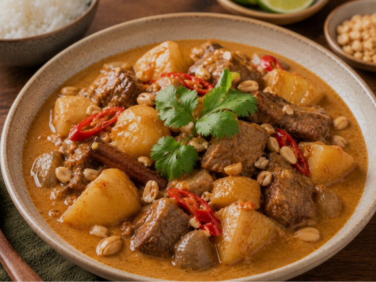 Thaise massaman curry met aardappelen en pinda's