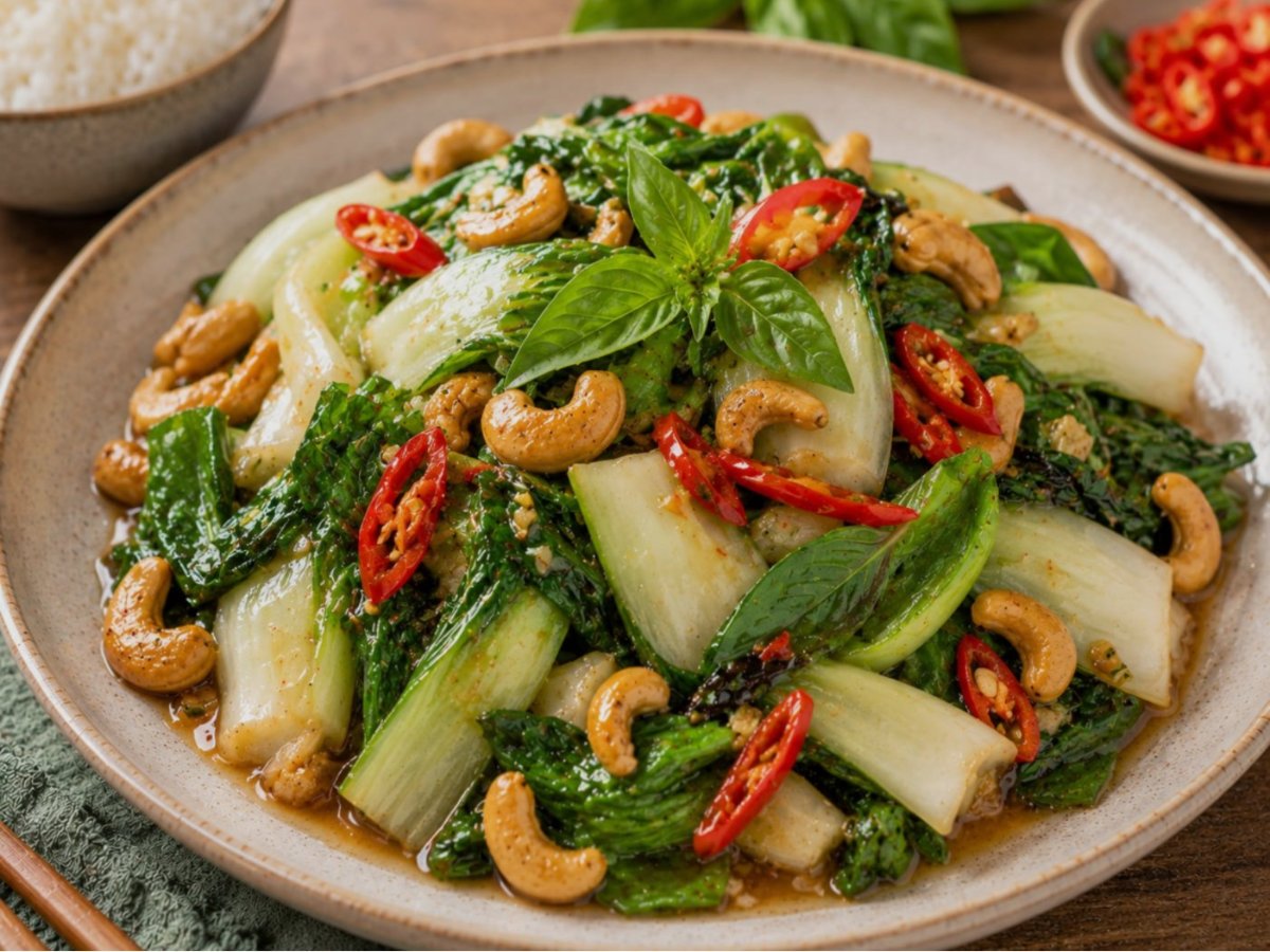Thaise paksoi roerbak met basilicum en cashewnoten