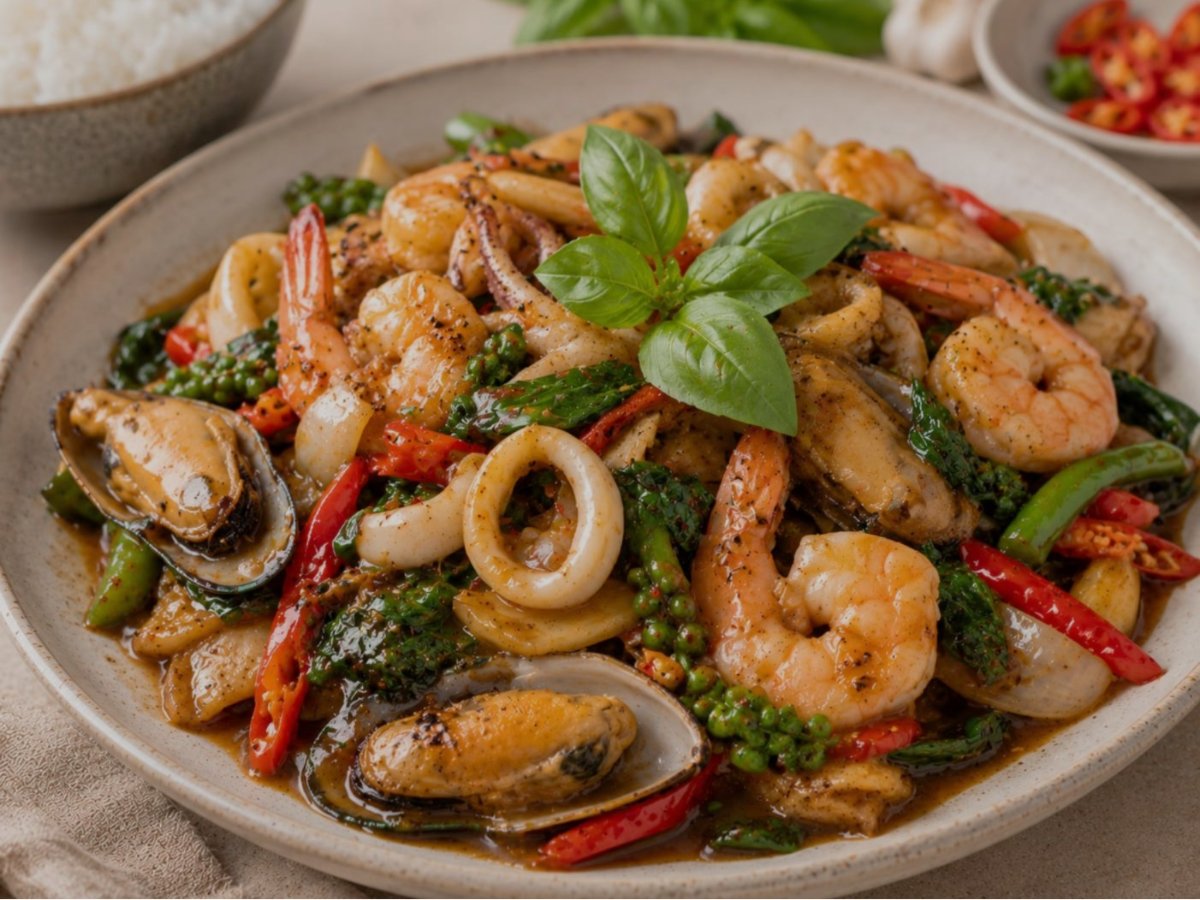 Thaise zeevruchten roerbak met basilicum en oestersaus