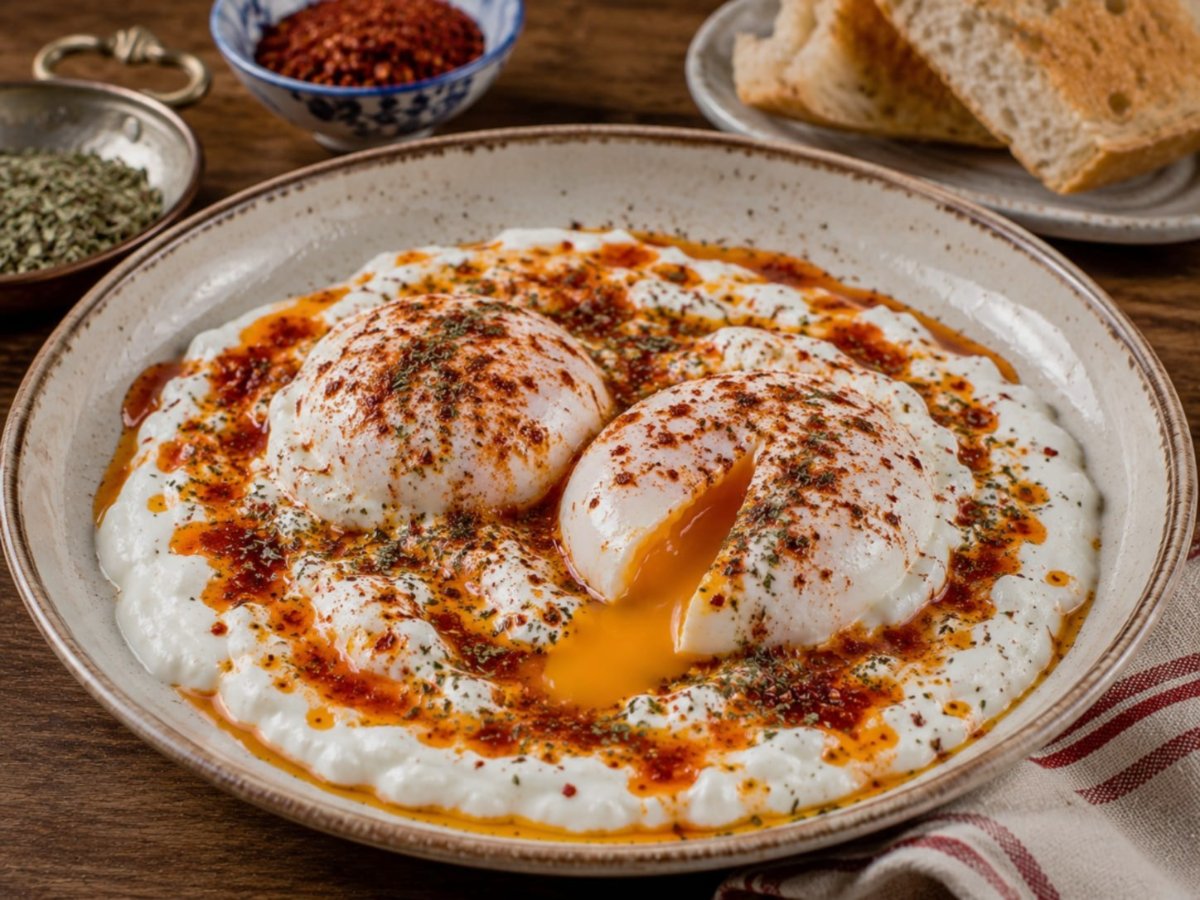 Turkse çılbır — gepocheerde eieren in yoghurt met boter