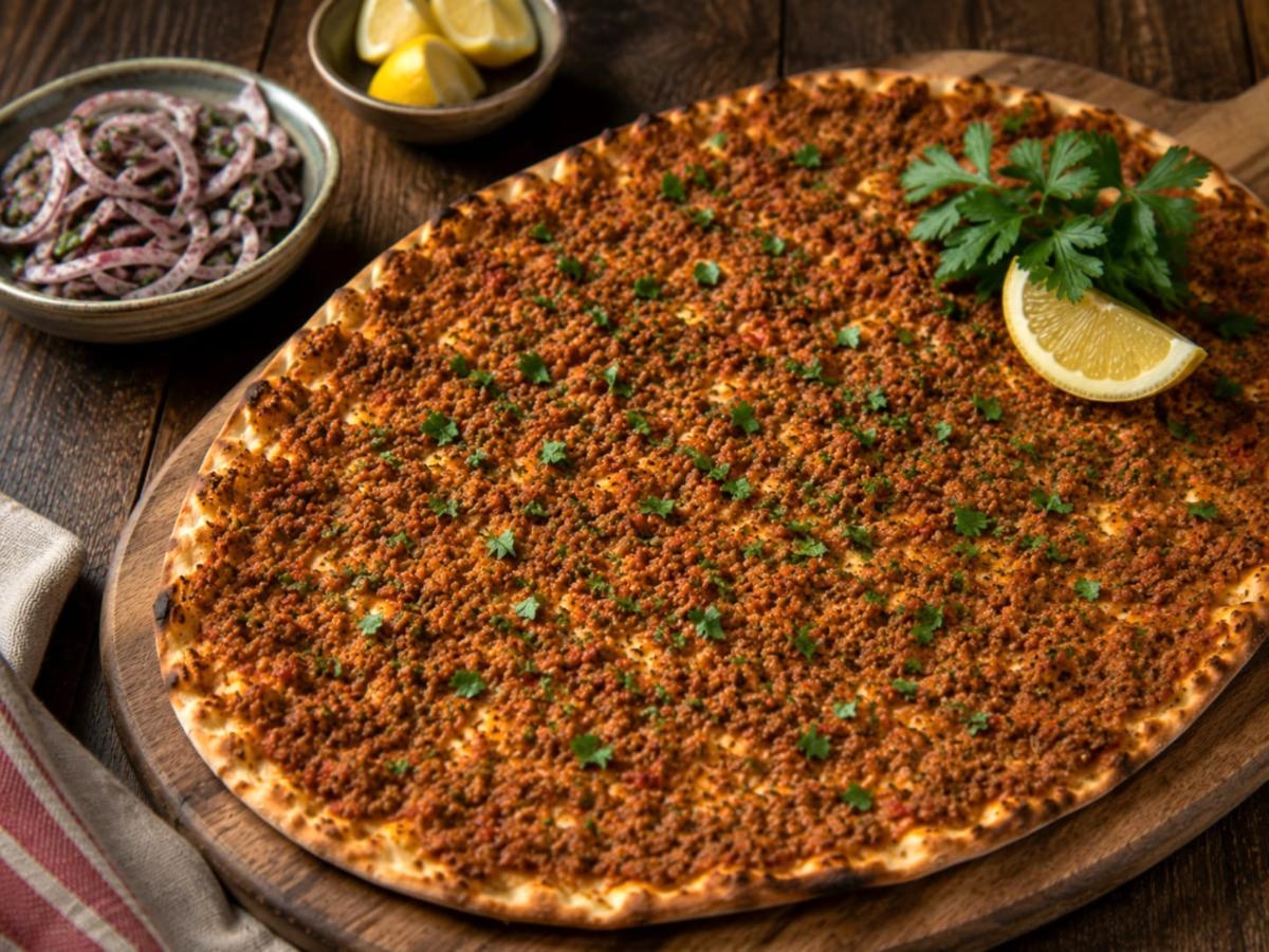 Turkse lahmacun vleespizza met platte peterselie en citroen
