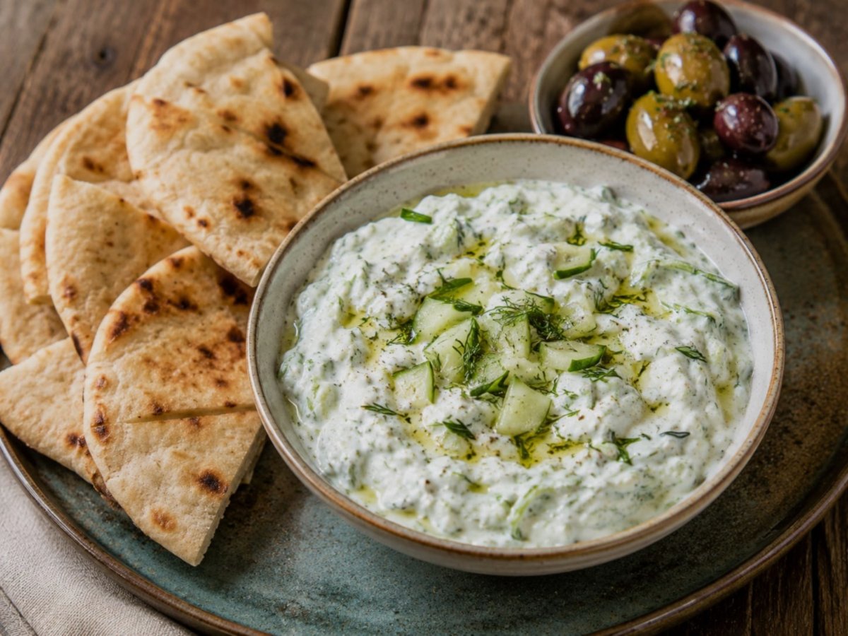 Tzatziki met pitabrood en olijven