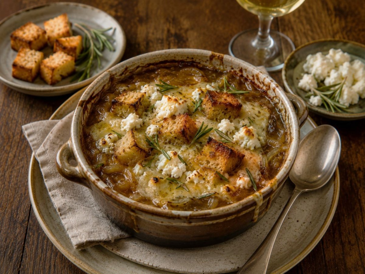 Uiensoep met geitenkaas en rozemarijn croutons