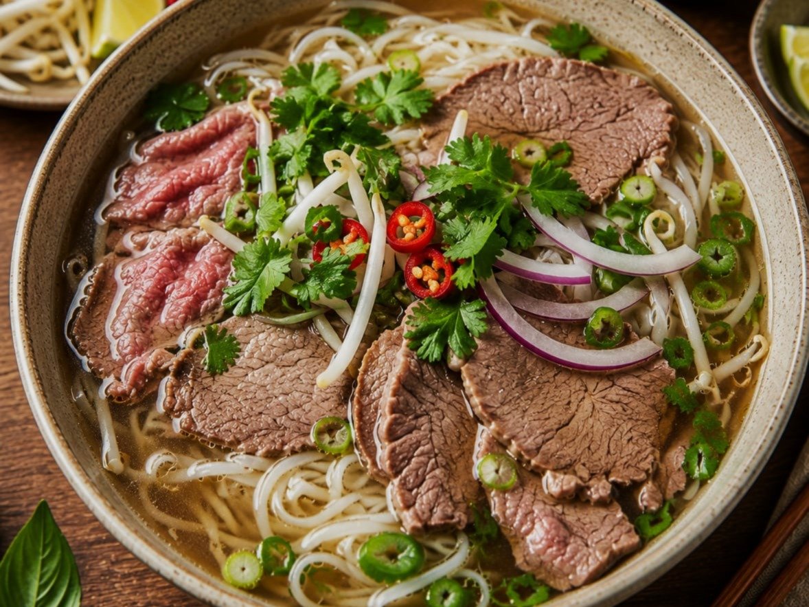 Vietnamese pho met rundvlees en rijstvermicelli