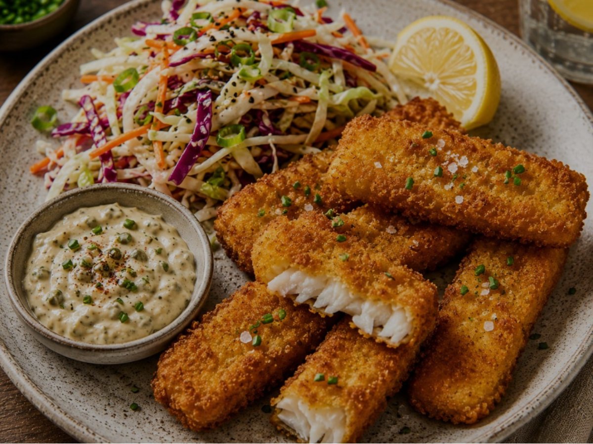 Vissticks met miso-tartaarsaus en frisse koolsla