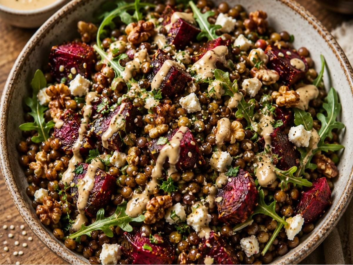 Warme linzensalade met geroosterde biet en tahindressing