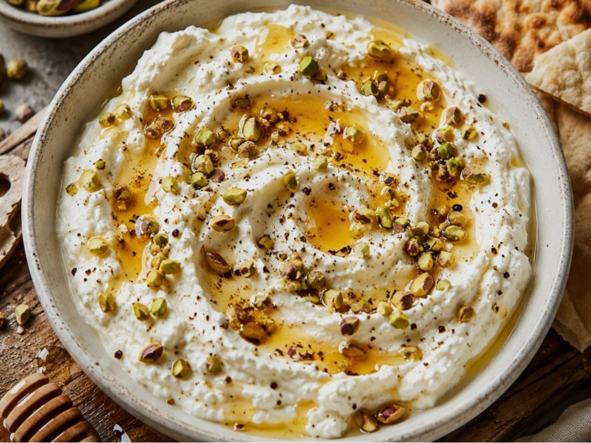 Whipped feta dip met honing en pistache