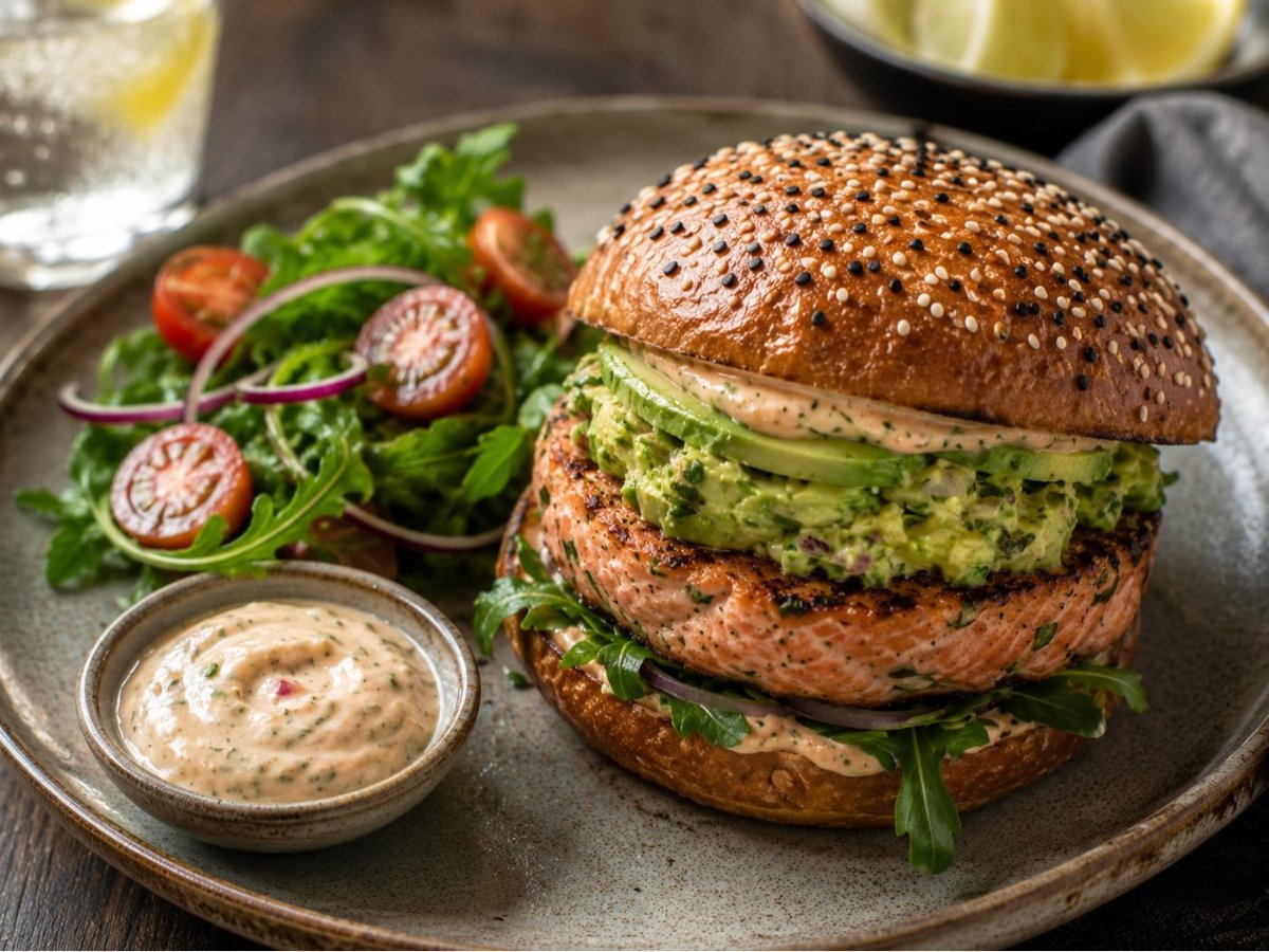 Zalmburger met avocado, kimchi en sesambroodje